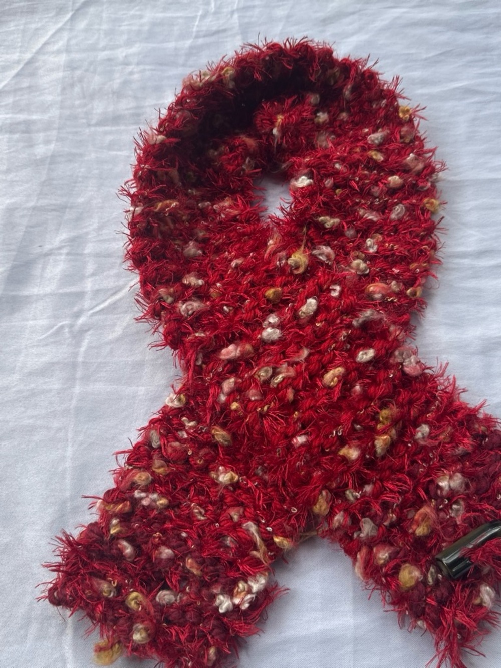 Cozy Red Textured Loop Scarf with Multicolor Pom Accents